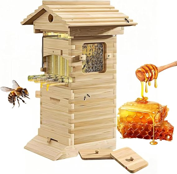 Beehive Starter Kit for Beekeeping - Complete Bee Box with Observation Window & Honey Spout, Includes Carpenter Bee House for Garden Pollinators
