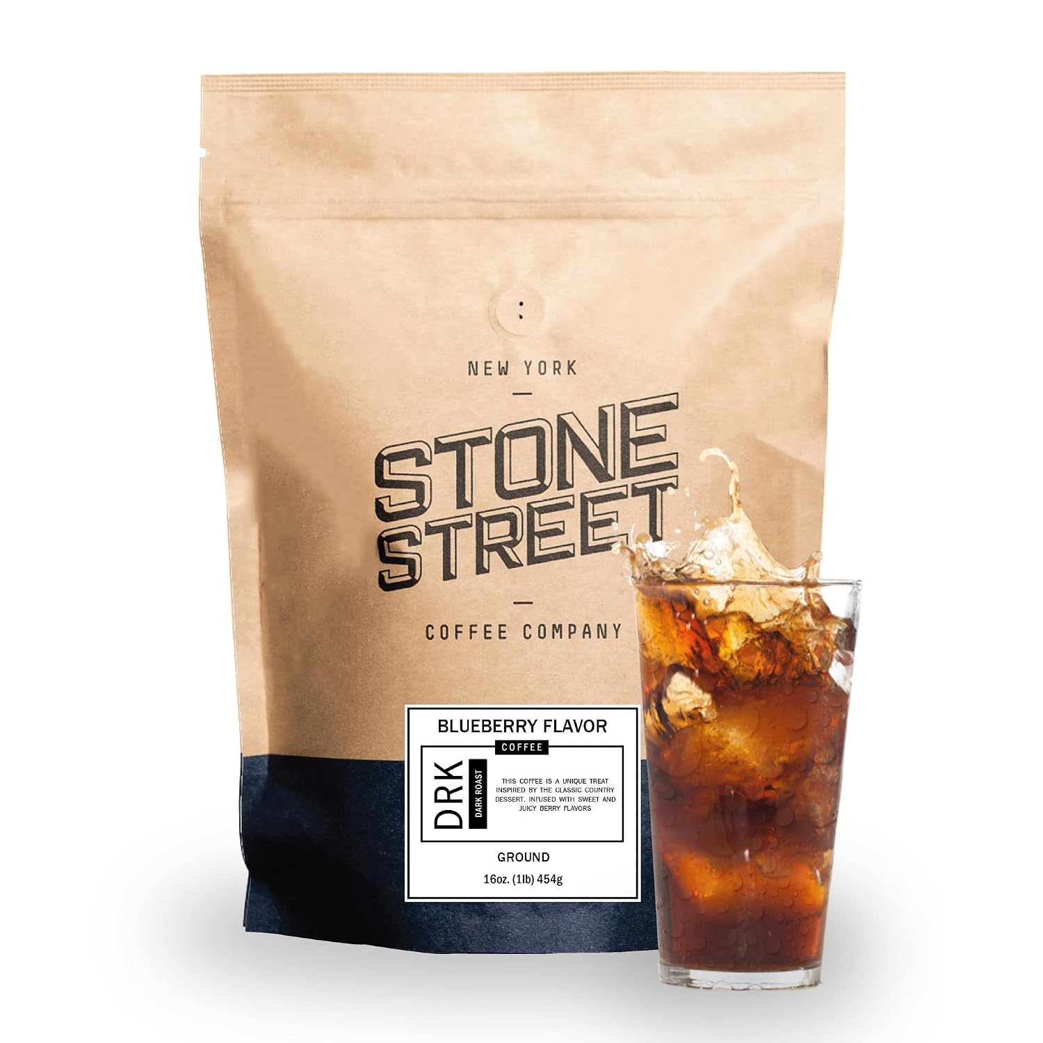 Stone Street Cold Brew Flavored Coffee, Natural Blueberry Flavor, Low Acid, 100% Colombian, Gourmet Coffee, Coarse Ground, Dark Roast, 1 LB