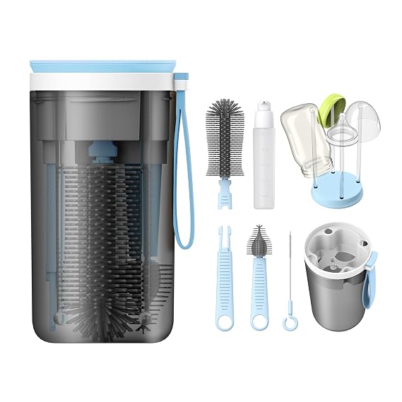YOTIME 6 in 1 Travel Bottle Cleaner Kit with Bottle Drying Rack, Blue