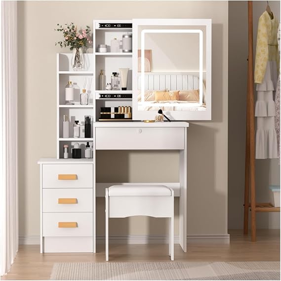 Anvazise Small Vanity Desk with Mirror and Lights,Makeup Vanity Desk, 3 Lighting Modes & Adjustable Brightness, Makeup Table for Women Girls Bedroom