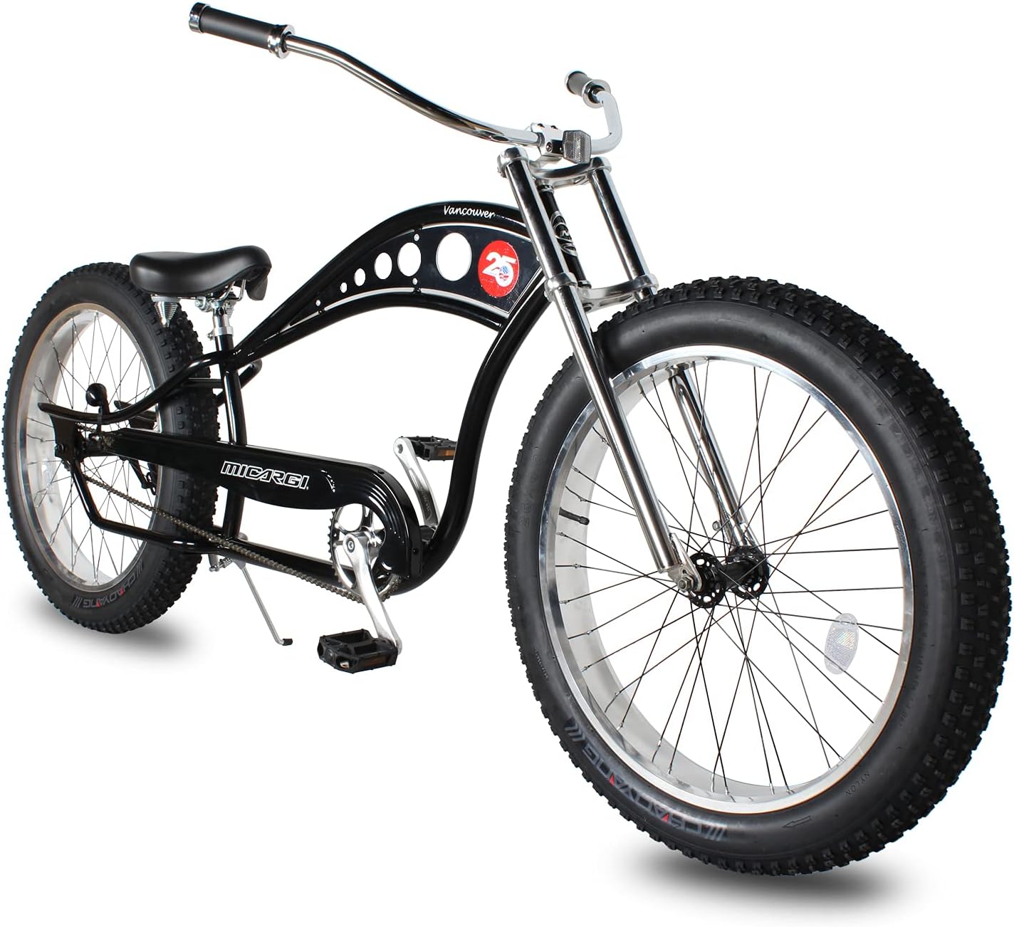 MICARGI 26 Vancouver Complete Cruiser Bike 1 Speed Low Handlebar Stretch Steel Frame Fat Tire Adult Beach Cruiser Chopper Bike BK-Polish1-SpeedLo Handlebar