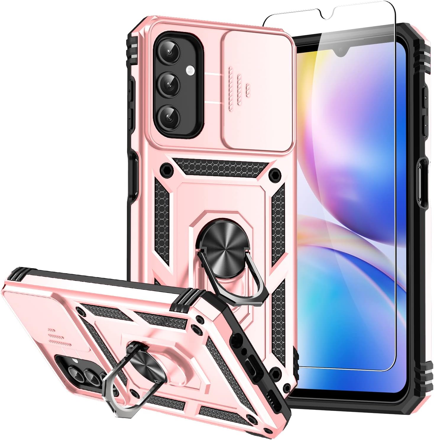 for Galaxy A14 5G Case,with Screen Protectors and Camera Cover,[Military Grade] 16ft.Drop Tested Cover with Magnetic Kickstand Protective Case for Samsung A14 5G, Rose Gold