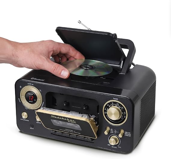 Studebaker Portable CD Player with Bluetooth, AM/FM Stereo Radio & Cassette Player/Recorder with Aux-in and AC/DC Power - Black & Gold
