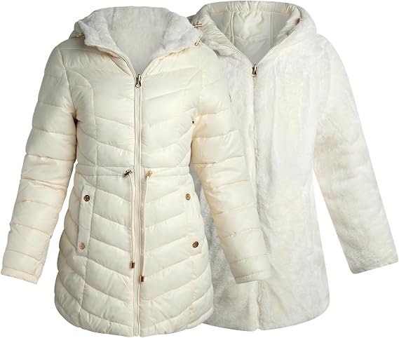 Jessica Simpson Womens Reversible Long Puffer Coat Faux Fur Lined Hooded