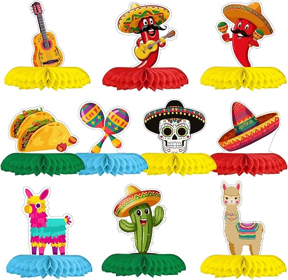 Horaldaily 10PCS Mexican Fiesta Party Table Decoration Centerpieces, Cinco De Mayo Taco Twosday Honeycomb Centerpieces Table Toppers for Home Classroom School Boys Girls Baby Shower Birthday Supplies