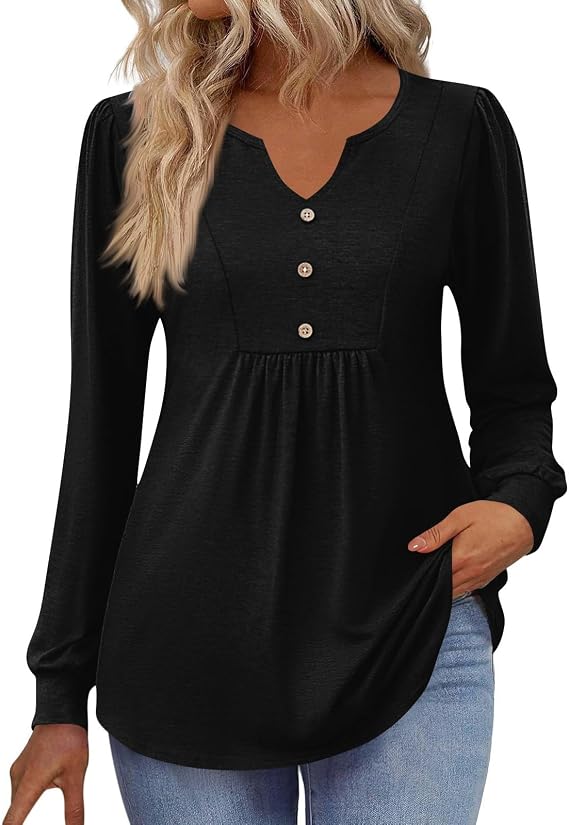 Womens Long Sleeve Tops 2025 Fall Henley Shirts Dressy Casual Pleated Tunic V-Neck Button Down Blouses Pullover