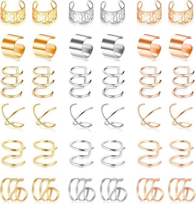 18 Pairs Ear Cuff, Roctee 6 Styles Cartilage Clip On Earrings Set Stainless Steel Ear Clip Fake Cartilage Earring Non Piercing Helix Cartilage Ear Clip Earring Ring for Women (Gold/Silver/Rose)