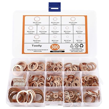 Toolly Copper Washer Assortment Set, 300Pcs 12-Sizes Copper Metric Sealing Washers Kit, Flat Washers Assortment Kit (M5 M6 M8 M10 M12 M14 M16 M20)