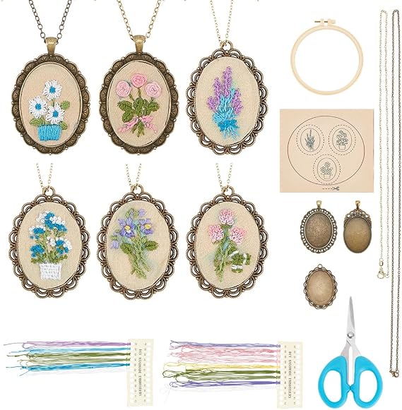 FREEBLOSS 6 Set Embroidery Necklace Kit Embroidery Kit for Beginners Embroidery Pendant Flowers Brooch Mini Embroidery Kit with Instruction Embroidery Starter Kit for Adults Stamped Pattern Cloth