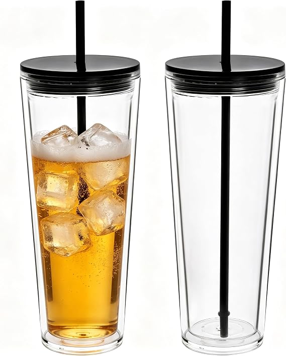 2 Pack 710ml Iced Coffee Cup, Plastic Tumbler with Straw and Lid, Reusable Double Wall Water and Cold Cups (2, Black)