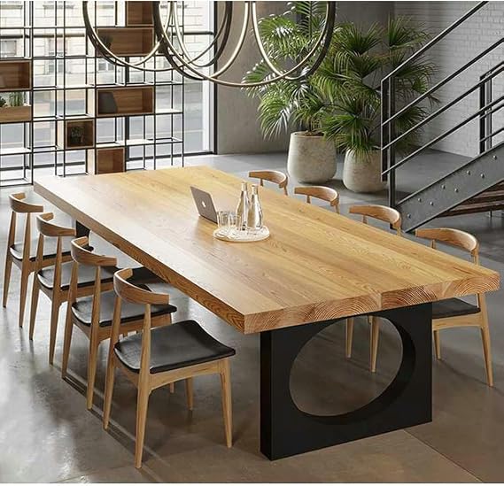 LITFAD Rectangular Dining Table, Natural Wood Top Kitchen Table, 86.5" L | Robust CutOut Metal Base, Industrial Office Desk, Simple Restaurant Table for Dining Room Meeting Room, Without Chairs