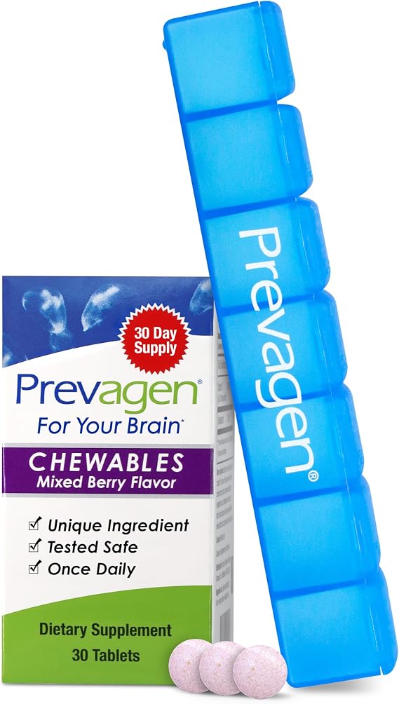Prevagen Regular Strength Mixed Berry Chewables, 7-Day Pill Minder, 1-Pack | For Your Brain, 1 Month Supply, 10mg Apoaequorin, 50mcg Vitamin D3, 30 Tablets per Bottle