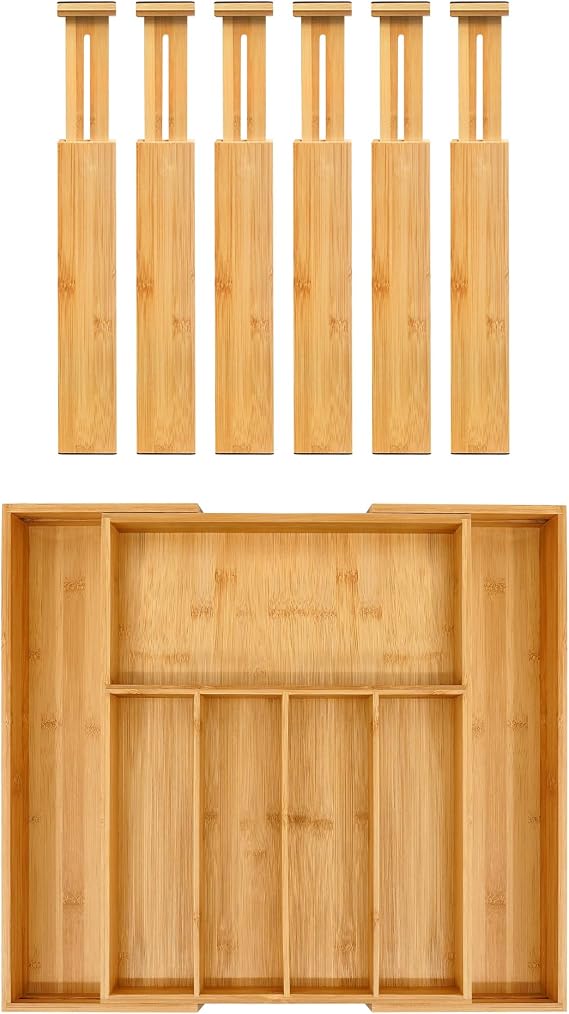VaeFae Adjustable Bamboo Drawer Dividers and Bamboo Silverware Drawer Organizer Bundle