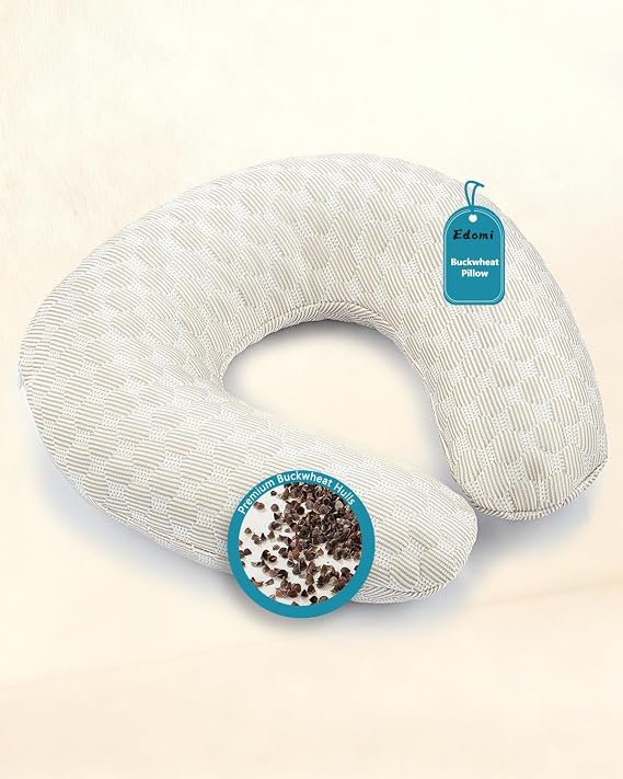 Buckwheat Neck Pillow with Dual-Layer Pillowcase, 12''x12'' Adjustable Firm U Shaped Pillows, Breathable for Cool Sleep, Neck Support Buckwheat Hulls Pillow for Back Sleeper (Khaki)