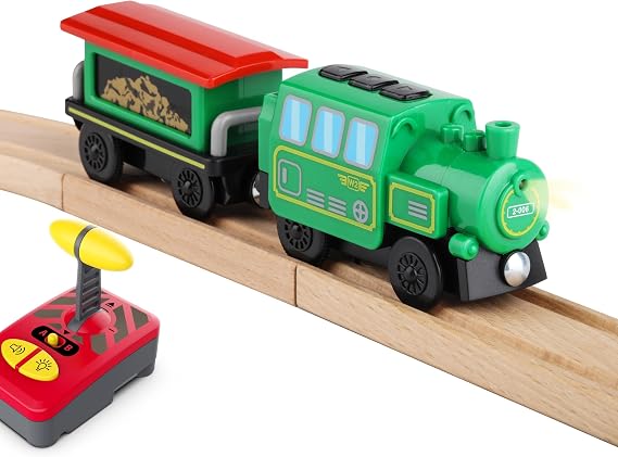 Remote Control Steam Train Set for Wooden Railway Tracks Battery Operated Engine with Tender & Controller Lights, Sounds, Magnetic Coupling Compatible with Brio & Thomas Ages 3+