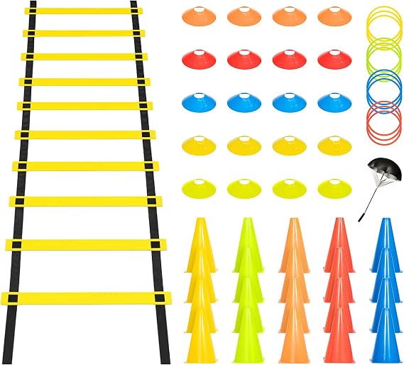 Football Training Set - Agility Ladder Training Equipment with Speed Parachute, Training Cones, Disc Cones, Agility Rings, Soccer Training Kit for Kids & Adults, Ideal for Soccer, Rugby, Go