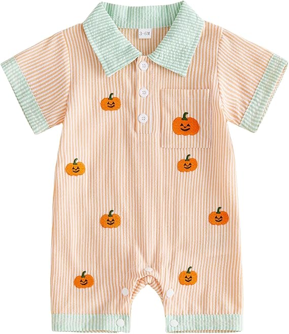 Baby Boy Halloween Pumpkin/Ghost Button Down Romper | Newborn Infant Halloween Outfit Pumpkin/Ghost Romper One Piece Short Sleeve Button Down Onesie Clothes