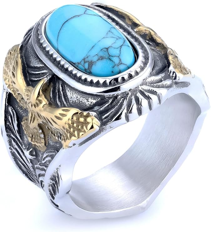 JWM Two Tone Stainless Steel Turquoise Ring with Eagle Engraved
