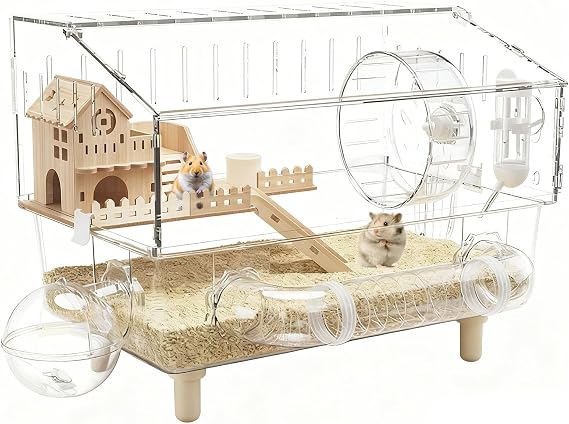 Hamster Cage Large,2-Layer Clear Chinchilla Habitat | 17.7x11x13.3 Inch Acrylic Ferret Cage,for Hedgehog Gerbil Chinchilla Small Pet Breeding Indoor