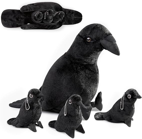 Black Crow Plush Toy , Realistic Crow Stuffed Animal 4Pcs,Soft Large Black Crows Crow Plush and 3 Baby,Black Bird for Kids