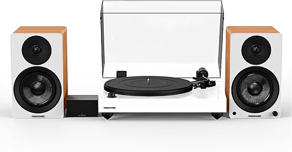 Fluance Reference RT82 High Fidelity Vinyl Turntable (White), PA10 Phono Preamp, Ai41 Powered 5" Bookshelf Speakers (Lucky Bamboo), Ortofon OM10 Cartridge, 90W Class D Amplifier, Bluetooth