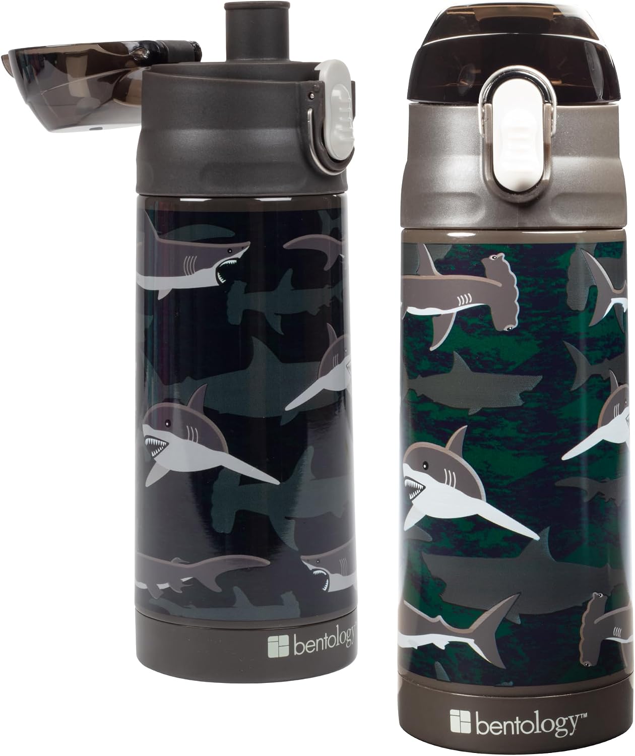 Bentology Stainless Steel 13 oz Reusable Water Bottle for Kids, Shark - Double Wall Insulated, Spill Proof Lid w/Built-in Straw- Keep Liquids Hot or Cold For Hours- Fits in Lunch Boxes & Bags