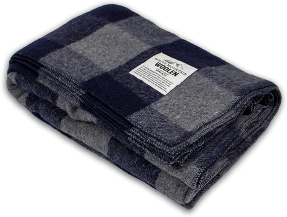 Lodge Twin Blanket - 80% Recycled Wool - Buffalo Plaid - Warm Throw Blanket - Thick - Washable - 65W x 90L - Gray and Blue Plaid
