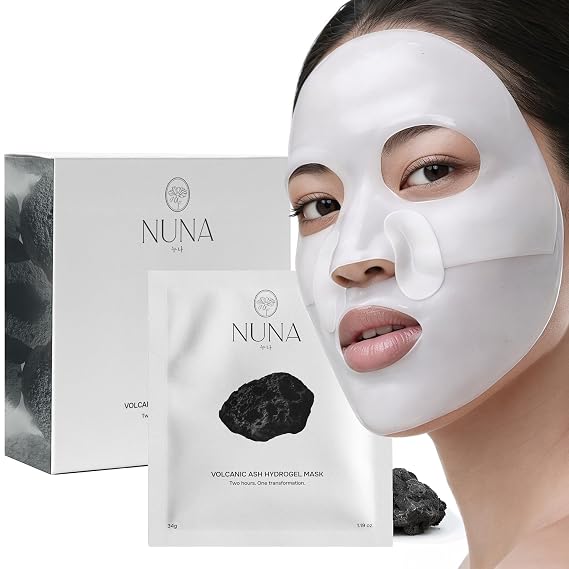 NUNA Volcanic Ash Hydrogel Face Masks with Smile Line Patches Korean Glass Skin Detox & Deep Hydrating Jelly Mask with Hyaluronic Acid, Ceramides Overnight Moisturizing + Purifying Care, 7 Sheets