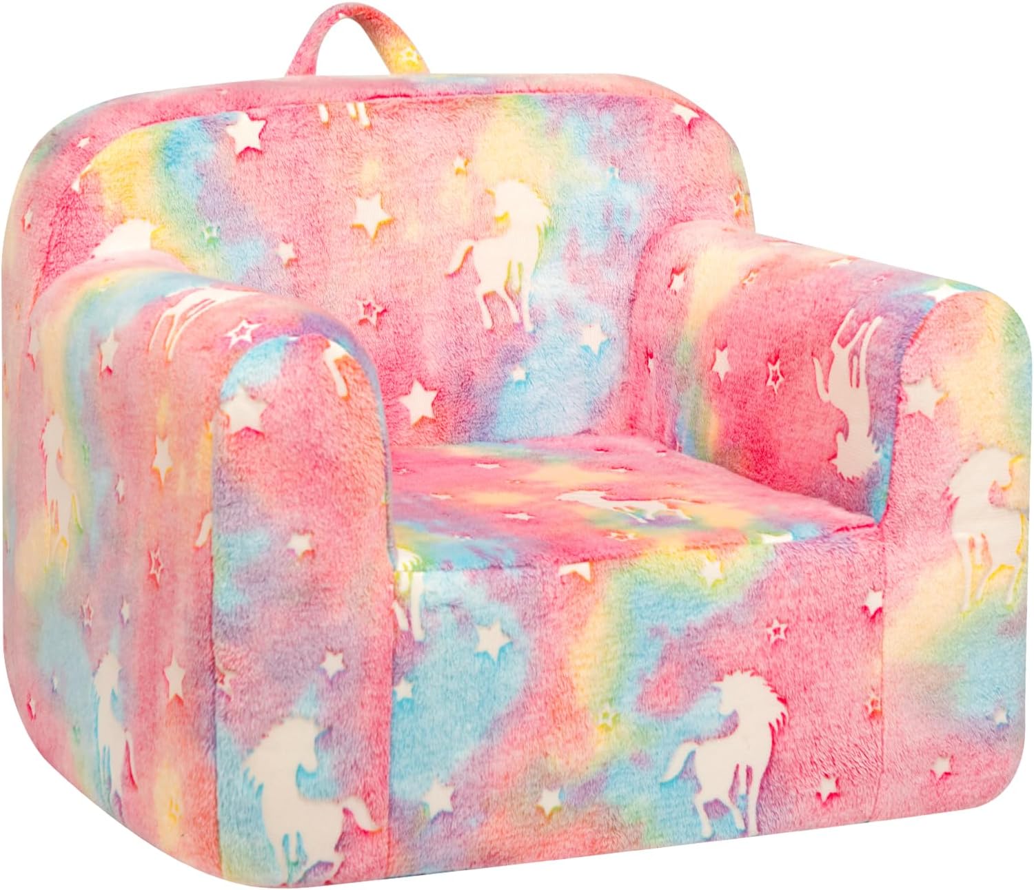 BEJOY Kids Sofa Ultra-Soft Snuggle Foam Filled Chair, Single Cuddly Flannel Reading Couch for Boys and Girls, Candy Floss with Unicorns