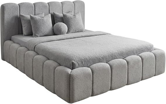 Luxury Cloud Teddy Boucle With Or Without Ottoman Storage Bed Frame 40 in Panel Headboard With Optional Mattress (Silver Boucle, 3ft Single+Gas lift)