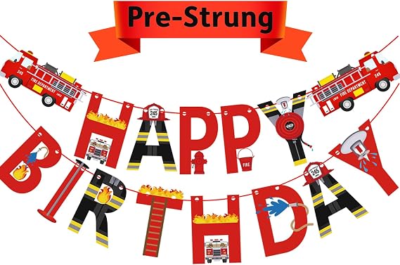 Pre-Strung Fire Truck Happy Birthday Banner Fireman Party Sign