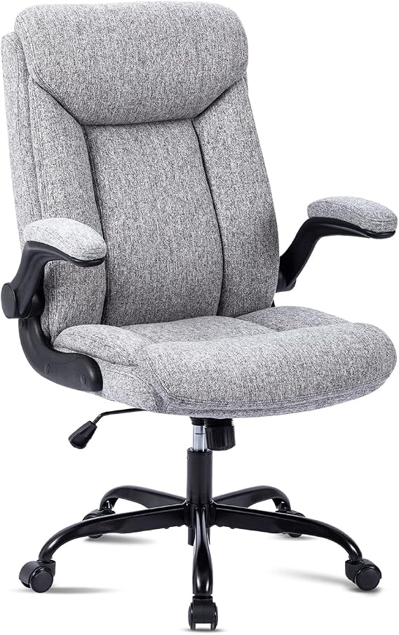 MZLEE Fabric Office Chair for Home Office, Ergonomic Heavy Duty Desk Chair with Flip-up Arms & Lumbar Support, Comfortable Padded Swivel Computer Chair for Bedroom Study, 150KG Capacity, Grey