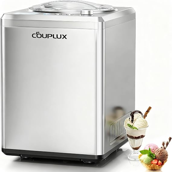 COUPLUX 2.64 Quart Ice Cream Maker Upgrade, Fastest 250W Compressor, Fully Automatic Ice Cream Machine, No Prefreezing, 2 Hours Cooling, LCD Display & Timer, All Stainless Steel