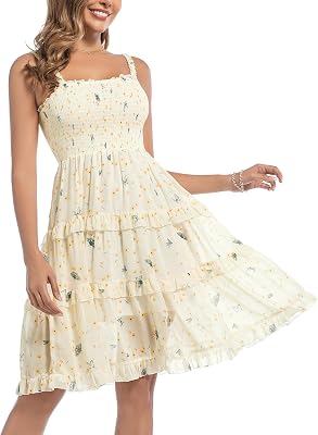 Womens 2025 Summer Floral Dress Square Neck Strapped Swing A Line Beach Dress