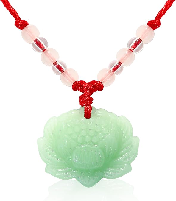 BuleVina Lotus Pendant Necklace Jade Lucky Charm with Red Cord for Men Women, Fashion Natural Green Amulet Jewelry Gifts 24 Inch Rope