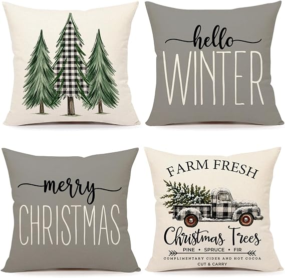 4TH Emotion Gray Christmas Pillow Covers 20x20 Set of 4 Farmhouse Decorations Merry Tree Truck Hello Winter Holiday Decor Throw Cushion Case for Home Couch S22C19-20