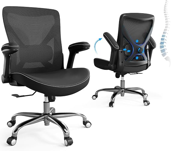Ergonomic Office Chair: 330LBS Home Office Desk Chairs with Lumbar Support | Ergalithic Ergonomic Desk Chair Computer Chair with X-Shaped Mesh PU Leather Flip-Up Arms Gaming Chair for Long Hour(Black)