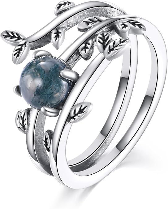 925 Sterling Silver Natural Moss Agate Adjustable Leaf Ring