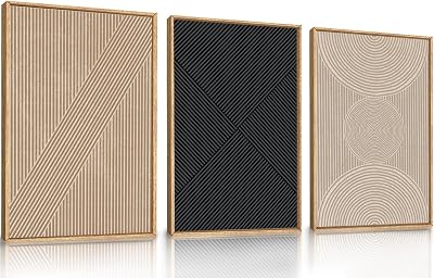 Ausril 3 Pcs Neutral Abstract Framed Wall Art, Mid Century Modern Canvas Wall Decor, Boho Geometric Line Wall Painting, Beige Minimalist Textured Art Print for Living Room Bedroom Office - 16x24inch