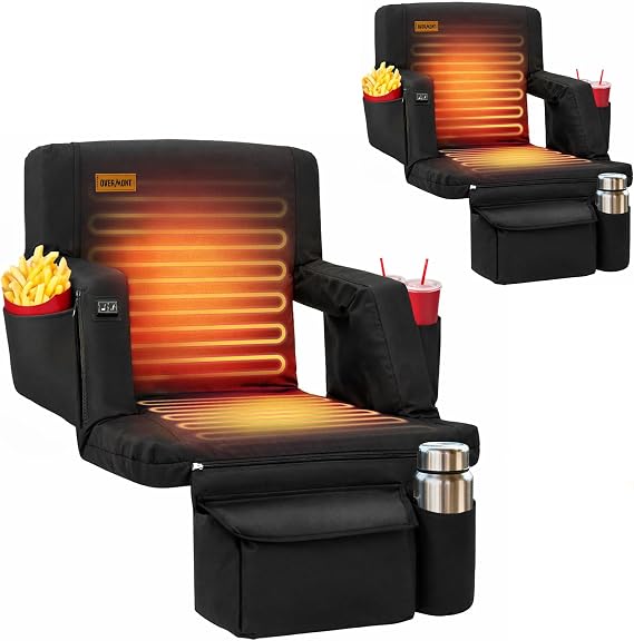Overmont Heated Stadium Seats 2 Pack with Back Support, Dual-Zone Heat | 3 Heat Levels with Independent Control, 6 Recline Positions, Soft Cushion, Hooks and Pockets for Sport Camping Concerts