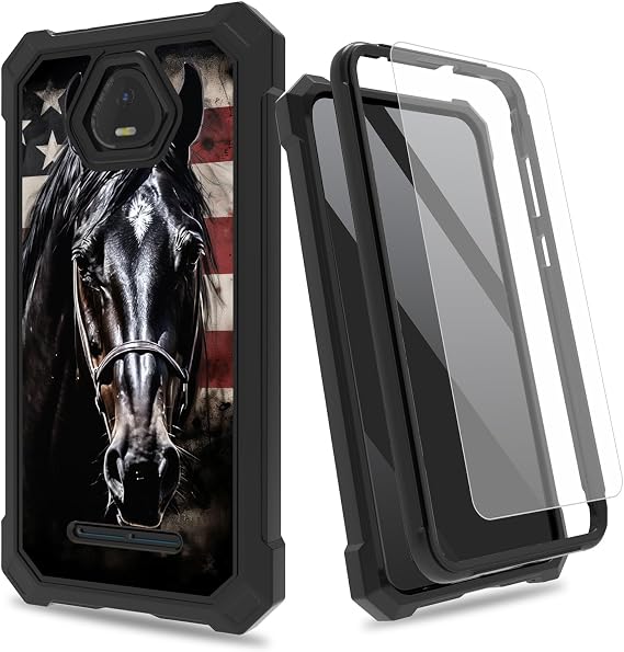 for Schok Volt SV55 Case w/Tempered Glass Screen Protector, 2 Layers Rugged Shockproof PC Frame + Soft Silicone Bumper Phone Case for Schok Volt SV55 (SV55216), Horse with US Flag