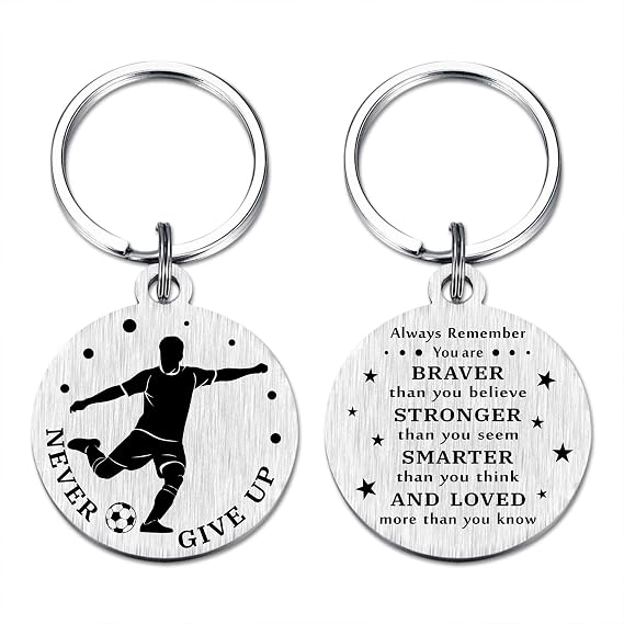 HYHYDHP Soccer Gifts for Boys Men - Never Give Up Soccer Keychain, Stainless Steel Laser Engraved Gift for Soccer Players, Inspirational Sports Present for Futbol Player, Athlete, Sports Lovers