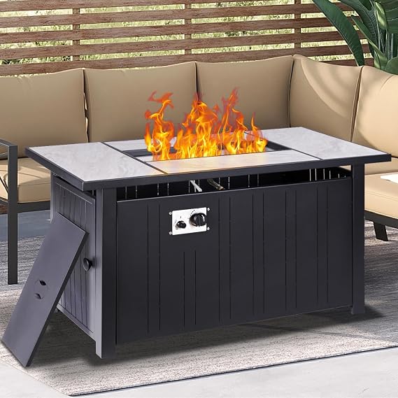 OutVue 47" Propane Fire Pit Table with Real Ceramic Tabletop, 50000 BTU Gas Firepit Table with Lid & Lava Stones, Outdoor Fire Pit for Dining or Party, Firepit for Outside, Patio