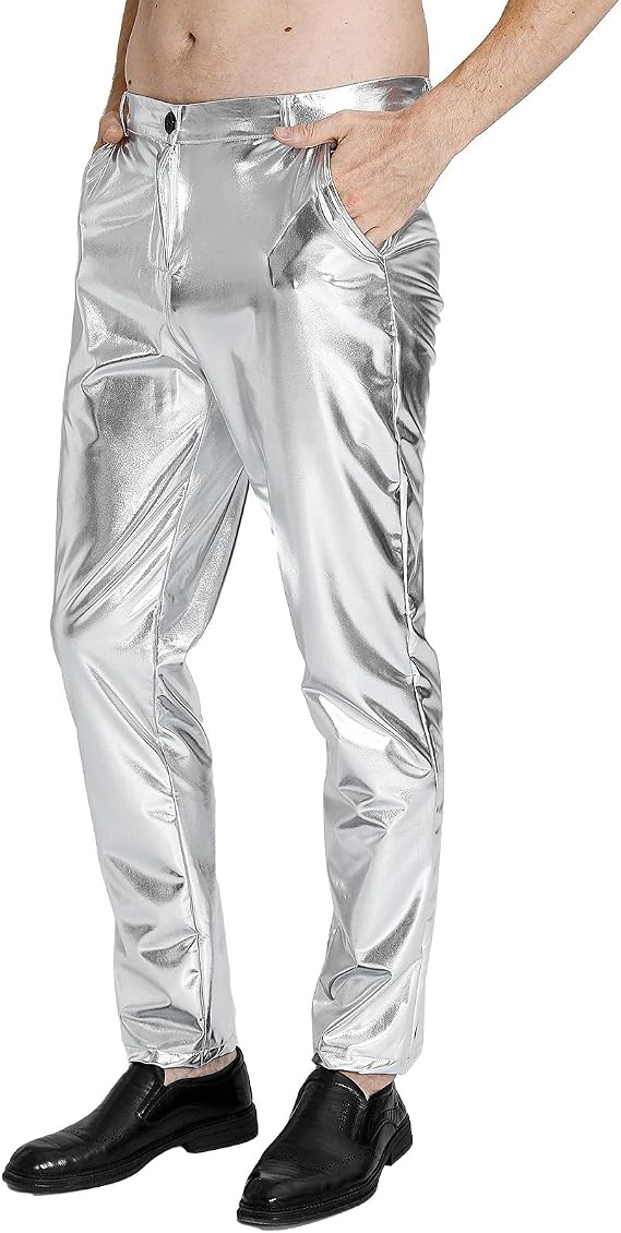 Funny World Mens Disco Pants 70s Night Club Party Metallic Leather Trousers