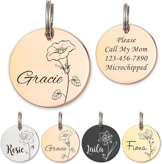 Anavia Floral Pet ID Tags, Birth Month Flowers Theme Dog Tag Round Bone Shape Cat Name Tag, Glossy Stainless Steel Gold Plated Dog Collar Tag (Round - Single Stem - Rose Gold, Large)
