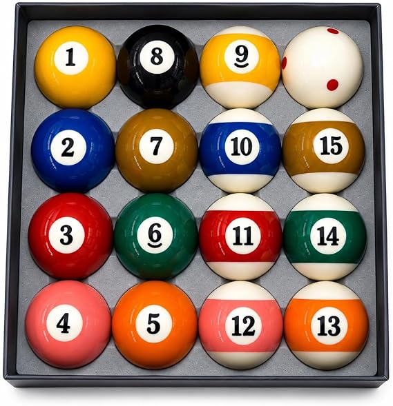 HMQQ Precision-Molded Billiard Balls, 2-1/4 Inch 16-Piece Pool Ball Set | Glossy resin construction with balanced roll for home tables, billiard clubs, bars, practice rooms, and replacement use.