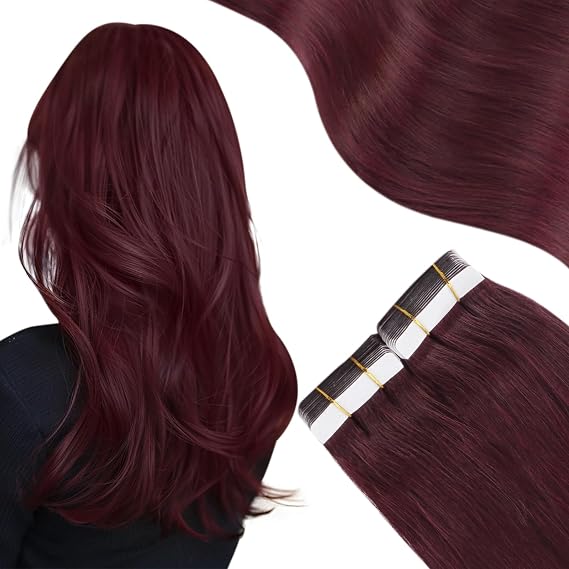 Tape Bundle Total 40 Pieces - Moresoo Burgundy Hair Extensions Tape in Hair Extensions 12 Inch Thick Invisible Tape in #99J Straight PU Tape Hair 30g+30g
