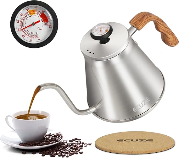Gooseneck Kettle With Thermometer for Stove Top, 40oz Coffee Kettle, Premium Food Grade Stainless Steel, Works On Stove And Any Heat Source, Pour Over Kettle for Tea and Coffee (Stainless Steel)