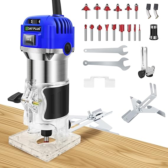 Compact Palm Router Tool, 800W Handheld Wood Edge Trimmer, 30,000 RPM, Includes 15PCS 1/4" Router Bits for Woodworking & Precision Cutting