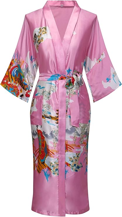 Women's Long Satin Floral Bathrobe Kimono Nightgown Long Dress Gown for Wedding Party